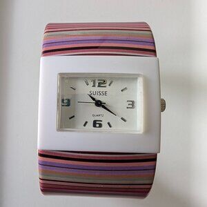 Vintage Y2K SUISSE Multi-Color Striped Bangle Watch - Retro Statement Piece